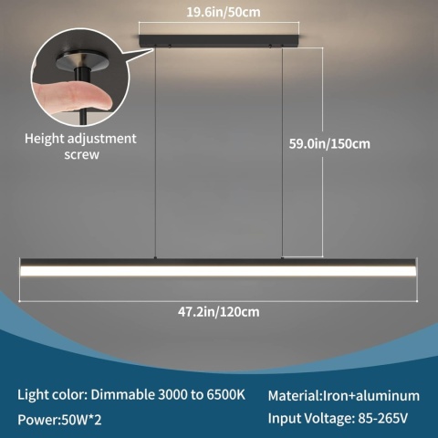 Mikeru 120 cm ściemniana, nowoczesna lampa wisząca LED 48W z pilotem