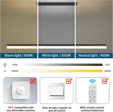 Mikeru 120 cm ściemniana, nowoczesna lampa wisząca LED 48W z pilotem