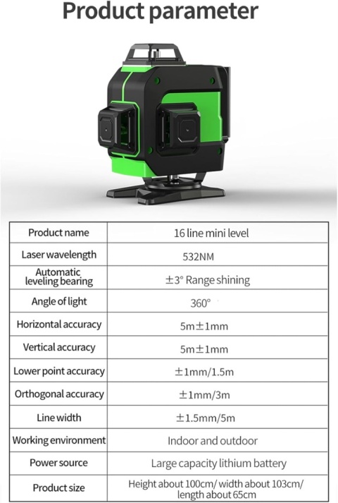 POZIOMICA LASEROWA POZIOMICA 4D 16 LINII LASER KRZYŻOWY 360 ZESTAW STATYW