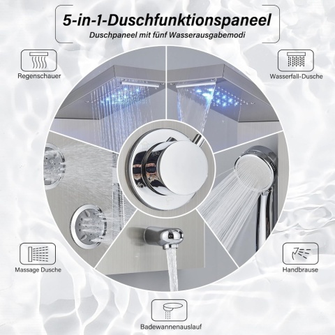 Panel prysznicowy LED prysznic wodospad hydromasaż wyświetlacz Srebrny