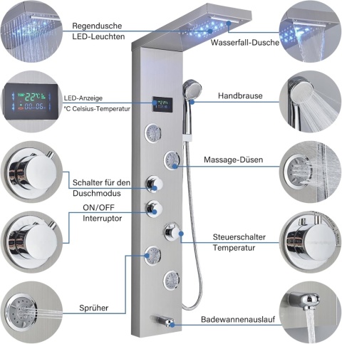 Panel prysznicowy LED prysznic wodospad hydromasaż wyświetlacz Srebrny