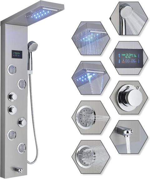 Panel prysznicowy LED prysznic wodospad hydromasaż wyświetlacz Srebrny