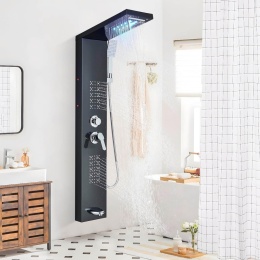 Panel Prysznicowy LED Czarny Zestaw Wodospad Hydromasaż Z Deszczownica