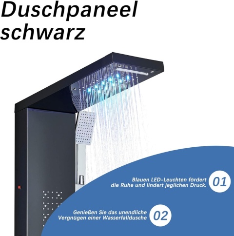 Panel Prysznicowy LED Czarny Zestaw Wodospad Hydromasaż Z Deszczownica