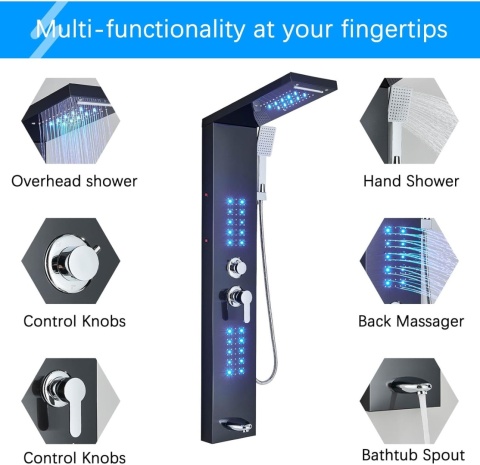 Panel Prysznicowy LED Czarny Zestaw Wodospad Hydromasaż Z Deszczownica