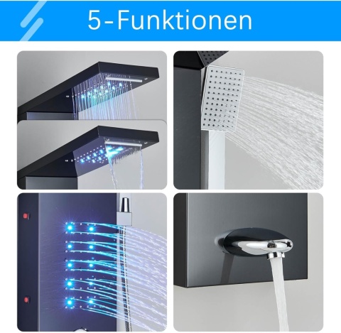 Panel Prysznicowy LED Czarny Zestaw Wodospad Hydromasaż Z Deszczownica