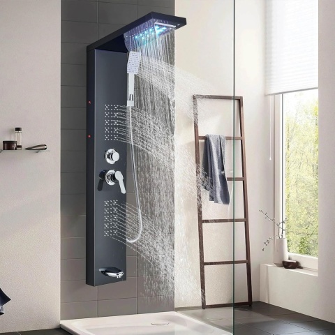 Panel Prysznicowy LED Czarny Zestaw Wodospad Hydromasaż Z Deszczownica