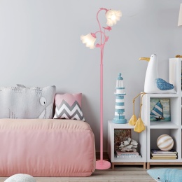 Różowa lampa podłogowa do salonu, abażur w kształcie 2 kwiatów z płomieniami i żarówką LED