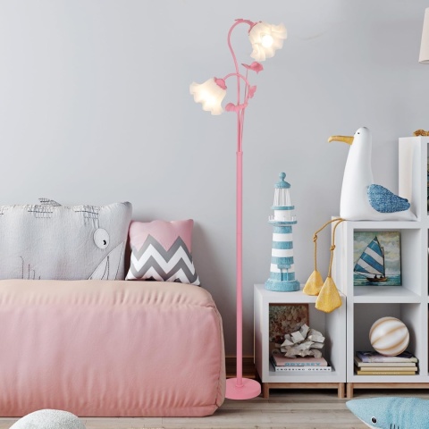 Różowa lampa podłogowa do salonu, abażur w kształcie 2 kwiatów z płomieniami i żarówką LED