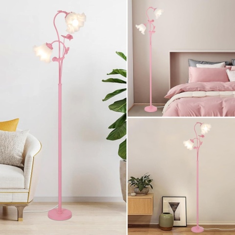 Różowa lampa podłogowa do salonu, abażur w kształcie 2 kwiatów z płomieniami i żarówką LED