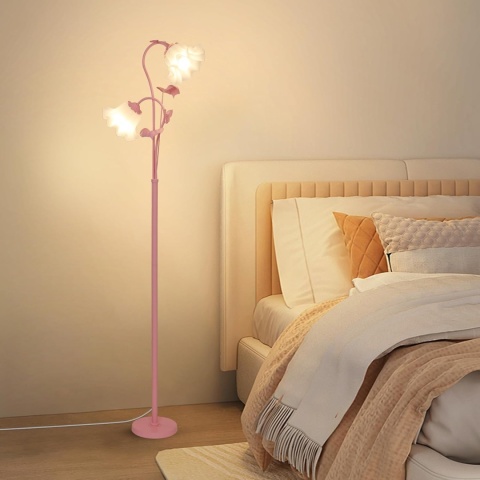 Różowa lampa podłogowa do salonu, abażur w kształcie 2 kwiatów z płomieniami i żarówką LED