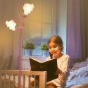 Różowa lampa podłogowa do salonu, abażur w kształcie 2 kwiatów z płomieniami i żarówką LED