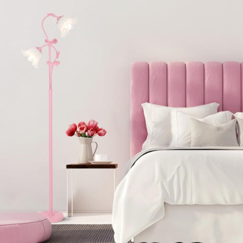 Różowa lampa podłogowa do salonu, abażur w kształcie 2 kwiatów z płomieniami i żarówką LED