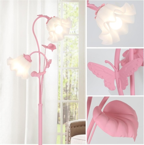 Różowa lampa podłogowa do salonu, abażur w kształcie 2 kwiatów z płomieniami i żarówką LED