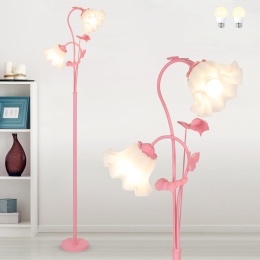 Różowa lampa podłogowa do salonu, abażur w kształcie 2 kwiatów z płomieniami i żarówką LED