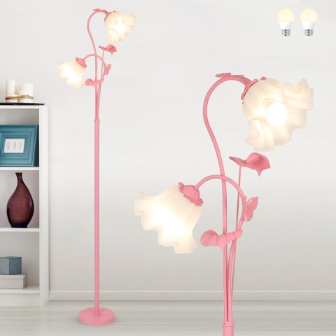 Różowa lampa podłogowa do salonu, abażur w kształcie 2 kwiatów z płomieniami i żarówką LED