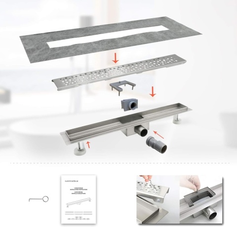 SaniteModar Rynna prysznicowa 120 cm, bardzo płaska, z syfonem