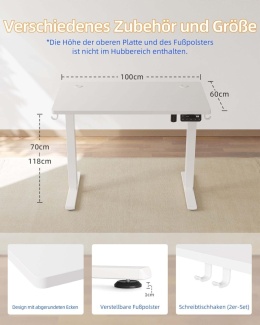 BIURKO ELEKTRYCZNE Z REGULACJĄ WYSOKOŚCI 100x60 cm Z FUNKCJĄ PAMIĘCI BIAŁE