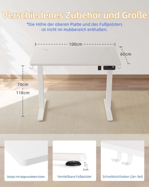 BIURKO ELEKTRYCZNE Z REGULACJĄ WYSOKOŚCI 100x60 cm Z FUNKCJĄ PAMIĘCI BIAŁE