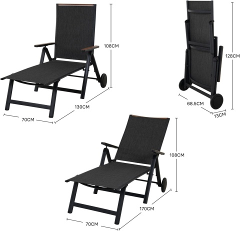 Grand Patio leżak plażowy ogrodowy 2 kółka 6 pozycji aluminiowy czarny