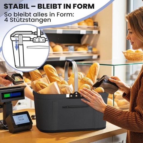 Koszyk na zakupy torba składana wodoodporna 30 L mocny stelaż czarna