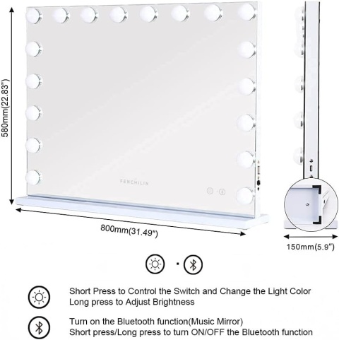 Lustro do makijażu FENCHILIN Bluetooth Hollywood Mirror z sterowaniem dotykowym, 80 x 58 cm