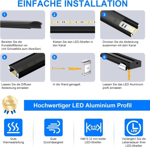 Molfanco Aluminiowy profil LED, 6 x 1 m, z czarną pokrywą