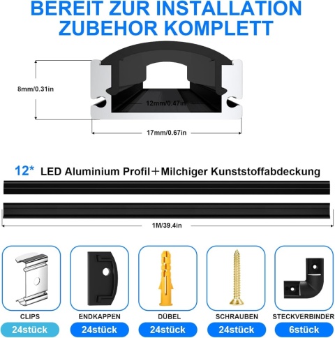 Molfanco Aluminiowy profil LED, 6 x 1 m, z czarną pokrywą