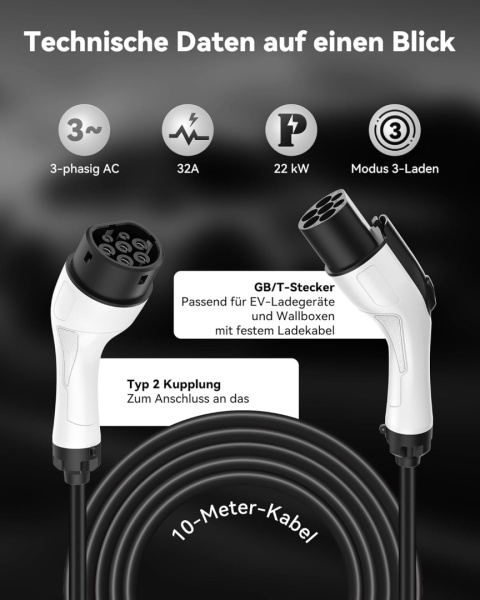 Przedłużacz Ładowarki EV Typ 2 (32A, 22kW, 8m, 3-fazowy) – do elektrycznych