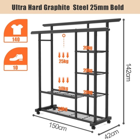 WIESZAK NA UBRANIA LOFTOWY 150/150cm STOJAK METALOWY GARDEROBA NA ODZIEŻ