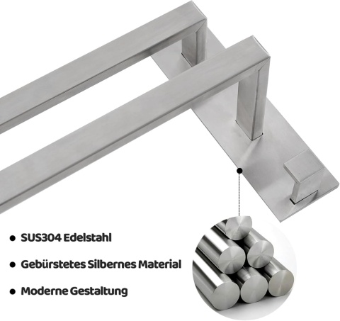 Wieszak na ręczniki dla gości bez wiercenia, podwójny 80 cm, z haczykiem, stal nierdzewna