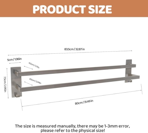 Wieszak na ręczniki dla gości bez wiercenia, podwójny 80 cm, z haczykiem, stal nierdzewna