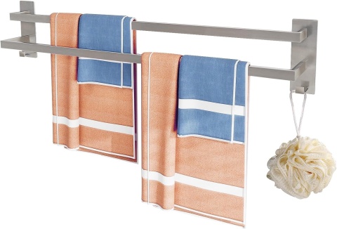 Wieszak na ręczniki dla gości bez wiercenia, podwójny 80 cm, z haczykiem, stal nierdzewna