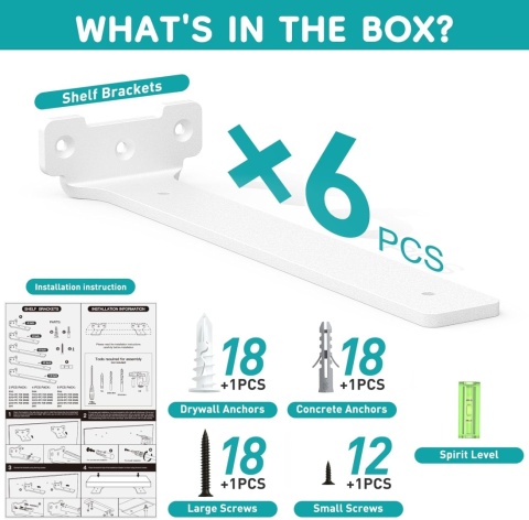 Yeabett Zestaw 6 wsporników półek 30 cm LOFT uchwyt półki, podpórka