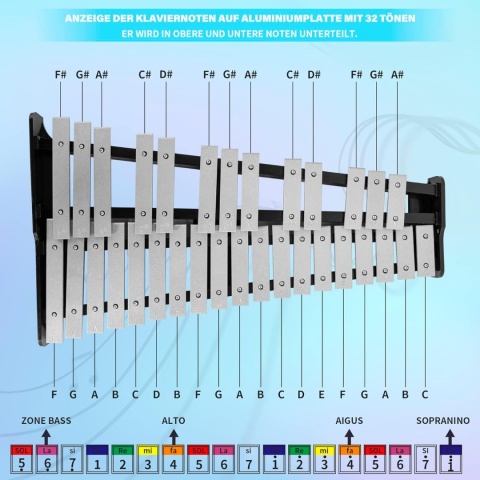 Zestaw dzwonków ksylofonowych 32 Note Glockenspiel z młotkami, kijami perkusyjnymi i torbą