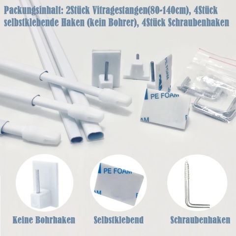 2 sztuki przyklejanych karniszy do firanek 50-85 CM bialy