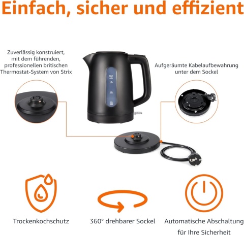 Amazon Basics Czajnik elektryczny 1,7 l, 2200 W, nie zawiera BPA, podstawa 360