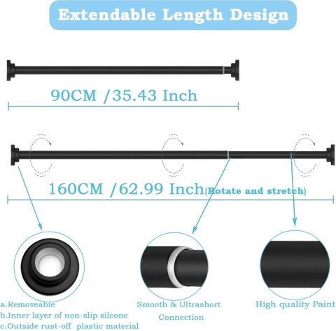 Drążek do zasłony prysznicowej, ze stali nierdzewnej, wysuwany, 90-160 cm, 2 sztuki