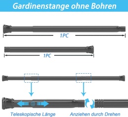 Karnisz do zasłony prysznicowej, bez wiercenia, drążek teleskopowy do 205 cm