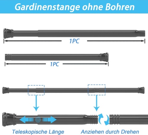 Karnisz do zasłony prysznicowej, bez wiercenia, drążek teleskopowy do 205 cm