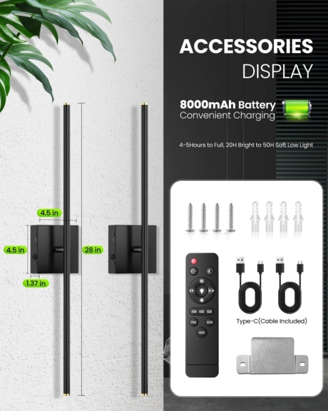 Zestaw 2 kinkietów CLY zasilanych bateriami, 75 cm 10000 mAh, z pilotem, 6 kolorów, ściemnialne,