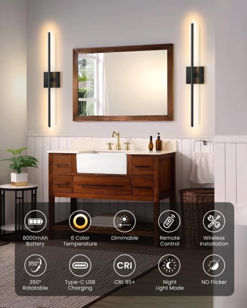 Zestaw 2 kinkietów CLY zasilanych bateriami, 75 cm 10000 mAh, z pilotem, 6 kolorów, ściemnialne,