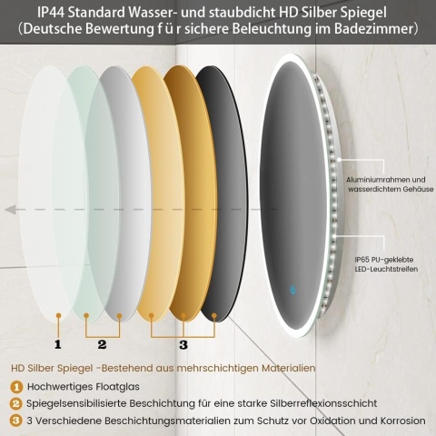 60cm Round Bathroom Mirror with Touch Switch Anti-Fog LED Dimmable Cool White Warm White 60cm