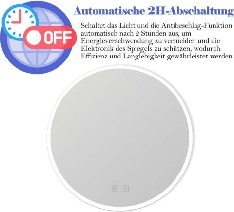 60cm Round Bathroom Mirror with Touch Switch Anti-Fog LED Dimmable Cool White Warm White 60cm