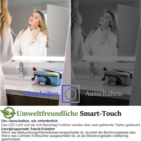 60cm Round Bathroom Mirror with Touch Switch Anti-Fog LED Dimmable Cool White Warm White 60cm