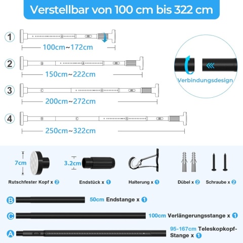 Drążek rozporowy Karnisz teleskopowy Prysznicowy Bezinwazyjny 320cm