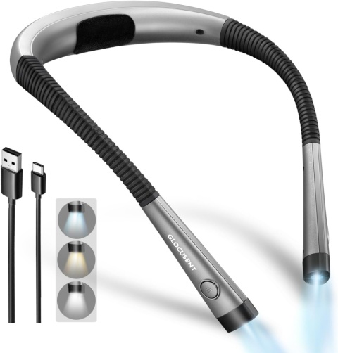 Glocusent latarka lampka LED do czytania na szyje poziomy jasności USB NECK