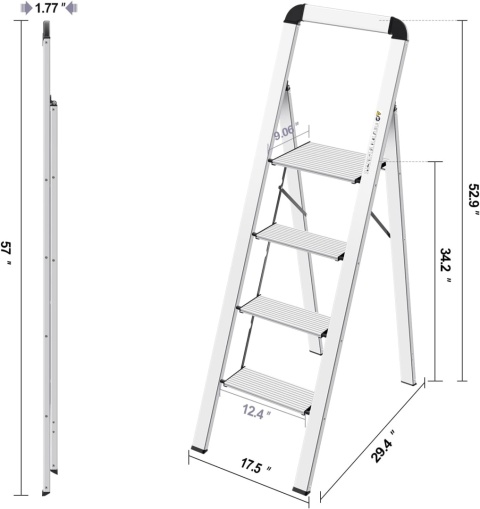 KINGRACK Drabina schodkowa, 4 stopnie, składana drabina aluminiowa