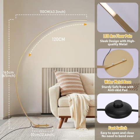 Lampa łukowa LED do salonu, 25 W, ściemniana, złota lampa stojąca z pilotem
