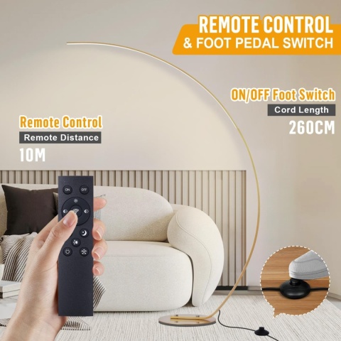 Lampa łukowa LED do salonu, 25 W, ściemniana, złota lampa stojąca z pilotem